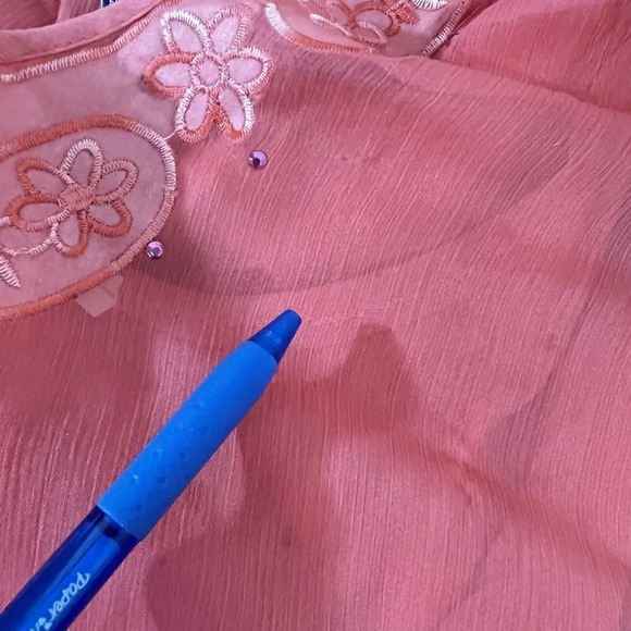 Uniti Casuals Vintage Peach Womens Blouse 1X Embroidered Flower Rhinestone Sheer - Picture 5 of 7